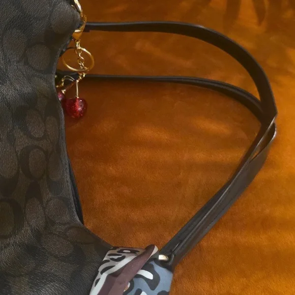 Coach Dark Brown Shoulder Bag with Scarf Accent & Purse Charm. L - Picture 9 of 13